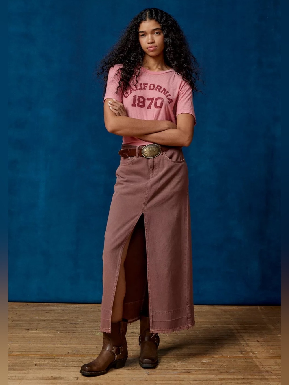 Urban Outfitters BDG Mandi Denim Flocked Maxi Skirt Brown Slit Medium Denim